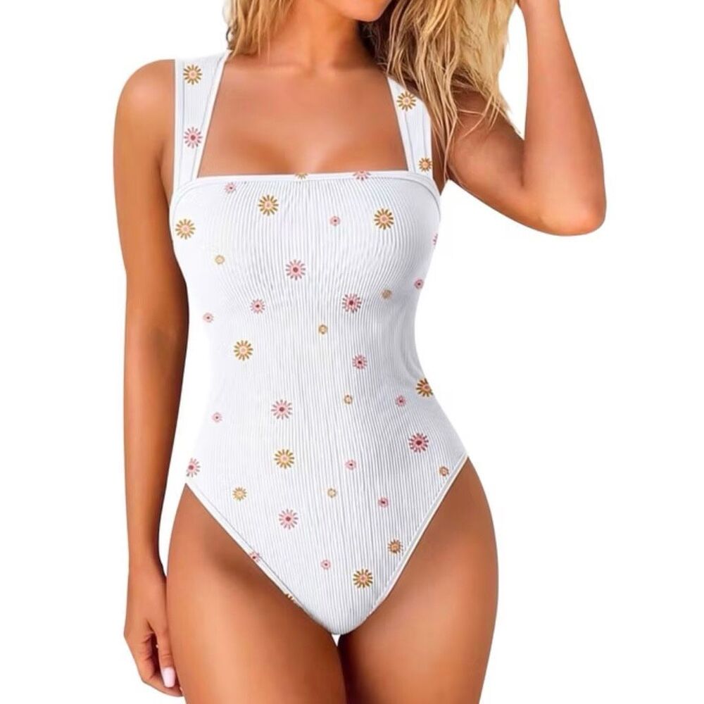 OQQ Extra Large Square Neckline Body Suite White Floral One Piece